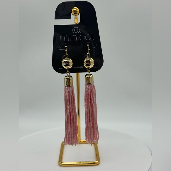 Minicchi Gold Tone Extra Long Pink Tassel Earrings - Picture 4 of 5
